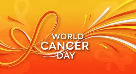 Bold graphic 2D poster with “World Cancer Day” surrounded by dynamic ribbon patterns. Bright orange gradient background