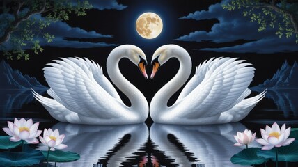 Obraz premium Serene Swan Romance: Two elegant swans form a heart shape with their necks, floating on a tranquil lake under a soft, glowing moon, embracing the beauty of love and peace.