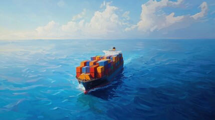 Cargo ship sailing on the ocean with shipping containers. International trade global logistics transportation concept.
