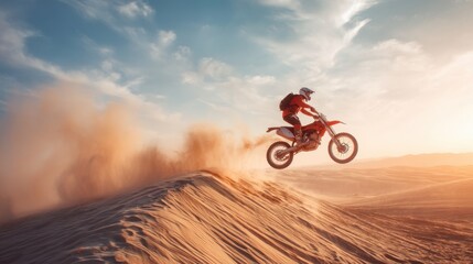Fototapeta premium Man on dirt bike jumping in desert over sand dune with dust cloud at sunset. Desert motor sport action for extreme adventure.
