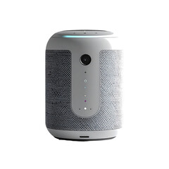 Obraz premium A sleek, light grey cylindrical smart speaker with a textured fabric covering, featuring a small camera lens and a subtle light indicator at the top