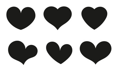 Hearts Set Flat. Black Heart with Shadow Love Design, Heart silhouette icon set. Simple flat vector heart icons in black, vector illustration.