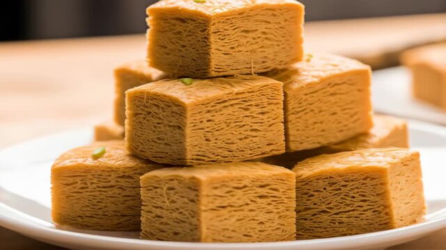 Delicious traditional indian sweet soan papdi stacked on a plate perfect for festive celebrations and cultural events