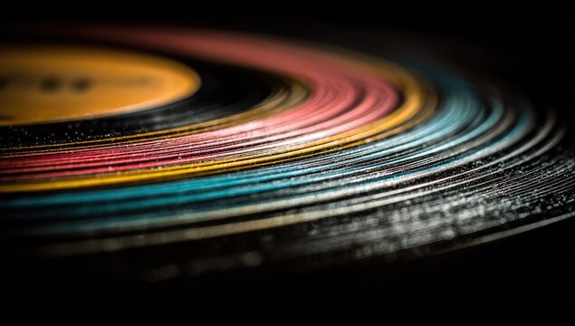 Close-up of stacked vinyl records, showing colorful layers and dust