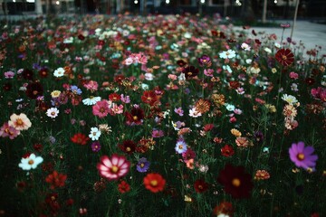 Vibrant flower field, various colors, outdoors