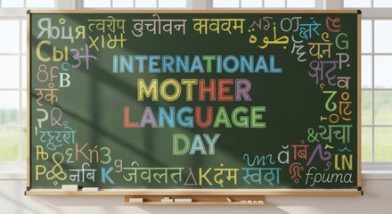 Photorealistic classroom chalkboard with “International Mother Language Day” in colorful chalk. Bright natural daylight