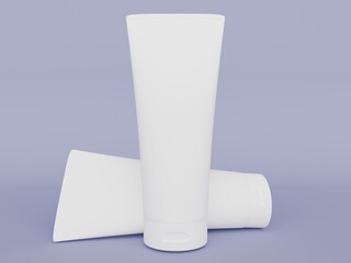 Two blank white cosmetic tubes in a clean composition. 3D mockup of a pair of plastic bottles, one standing and one lying down, isolated on a purple background for product branding