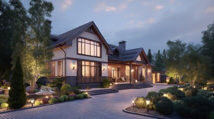 Luxuriant home with glowing lights at twilight. Elegant mansion exterior with illuminated garden and porch for real estate advertisement.