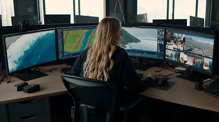 A person with long blonde hair works at a desk with multiple computer monitors displaying maps, satellite imagery, and video feeds in a modern office setting.