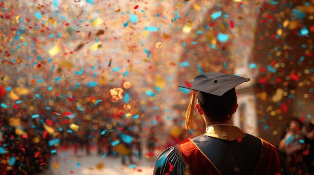 Man in graduation cap and gown looking at colorful confetti. Student celebration day, university success concept for event. - Powered by Adobe