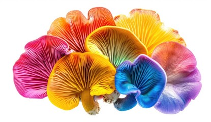 Vibrant, colorful mushrooms arranged in a cluster against a stark white background, showcasing a spectrum of hues from pink to blue