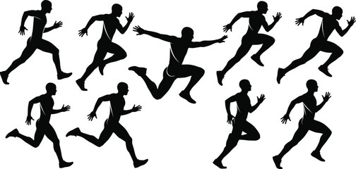 Running silhouettes, dynamic motion, athlete stride, sprint phases, fitness concept, human biomechanics, training posture, jogging cycle, sport icon, exercise form