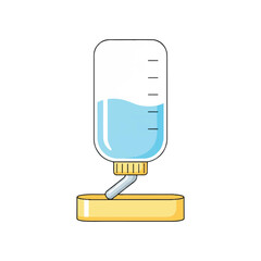 A simple illustration of a syringe filled with blue liquid on a yellow base against a white background.