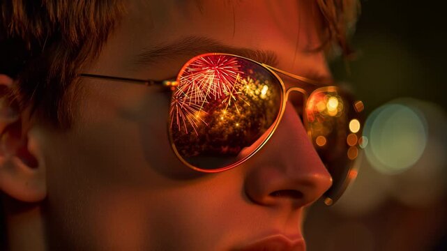 A teenager in aviator sunglasses watching the night sky. In the reflection of his glasses, a dazzling fireworks display