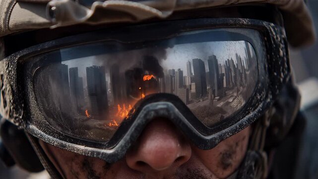 A soldier wearing scratched tactical goggles covered in dust. The reflection in his goggles shows a burning city with collapsing skyscrapers
