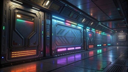 Iridescent sci fi wall panel in a futuristic corridor with glowing lights and sleek design