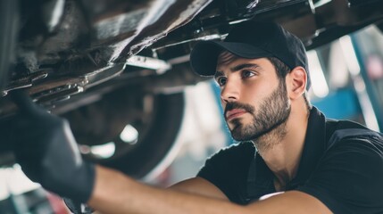 Man mechanic inspecting car undercarriage. Auto repair service and maintenance concept. Automobile garage worker diagnostics.