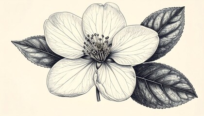 Intricate monochrome botanical illustration of a flower with leaves
