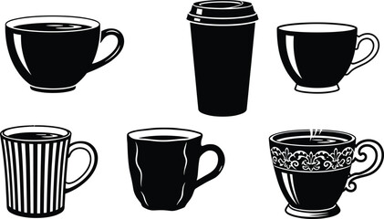 Coffee cup and mug illustration set, black and white vector icons, hot beverage design, teacup collection, kitchen drinkware art, isolated