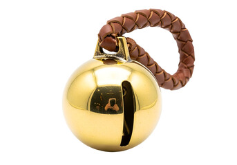 Polished gold bell with a braided brown leather cord against a black background.