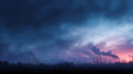 Fototapeta premium Industrial refinery complex emitting smoke and steam under a dramatic twilight sky