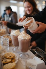 A barista pouring hot chocolate topped with whipped cream Customers enjoy cookies on the side The mood feels comforting and warm
