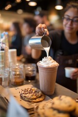 A barista pouring hot chocolate topped with whipped cream Customers enjoy cookies on the side The mood feels comforting and warm