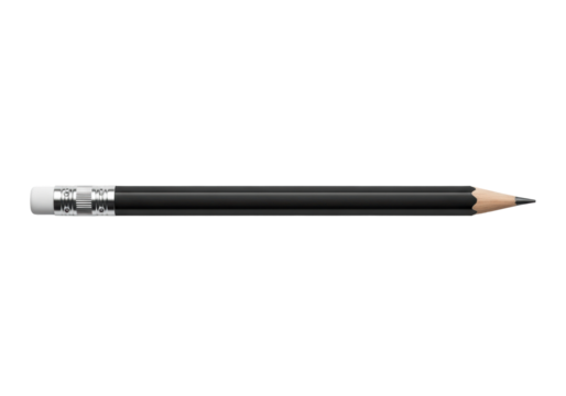 Black wooden pencil with white eraser and silver ferrule, sharpened graphite tip, laid horizontally on transparent seamless background with soft shadow, copy space. Concept of precision and creativity