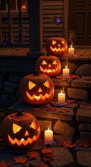 Illuminated jack-o'-lanterns and white candles line a rustic stone and wooden stairway, surrounded by vibrant autumn leaves, creating a cozy Halloween display at dusk