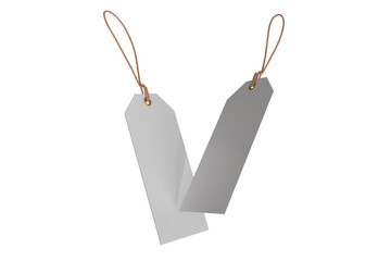 3D mockup of blank rectangle hanging tags with rope strings, metal eyelets, isolated on background. For branding, label design, packaging, fashion, retail, shipping label, wedding tag, gift tag