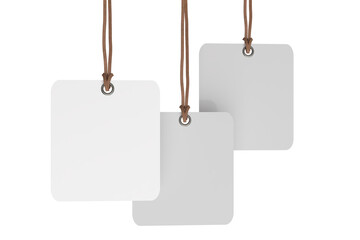 3D mockup of Square blank hanging tags with rope strings, metal eyelets, isolated on background. For branding, label design, packaging, fashion, retail, shipping label, wedding tag, gift tag