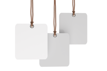 3D mockup of Square blank hanging tags with rope strings, metal eyelets, isolated on background. For branding, label design, packaging, fashion, retail, shipping label, wedding tag, gift tag