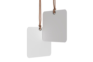 3D mockup of Square blank hanging tags with rope strings, metal eyelets, isolated on background. For branding, label design, packaging, fashion, retail, shipping label, wedding tag, gift tag