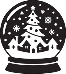 Black and white silhouette of a snow globe with a Christmas tree and houses winter