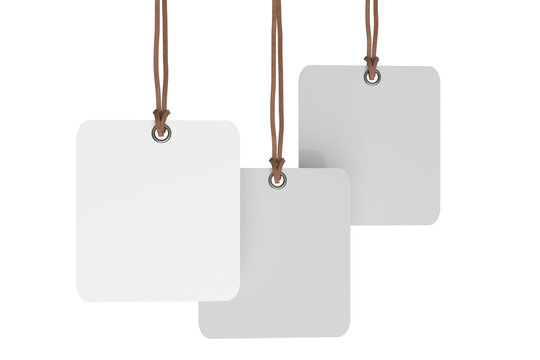 3D mockup of Square blank hanging tags with rope strings, metal eyelets, isolated on background. For branding, label design, packaging, fashion, retail, shipping label, wedding tag, gift tag