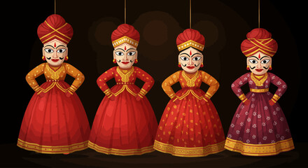 An exquisite flat design illustration of traditional Rajasthani puppets, highlighting their intricate designs and cultural significance. 