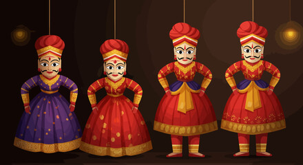 An exquisite flat design illustration of traditional Rajasthani puppets, highlighting their intricate designs and cultural significance. 