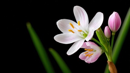 Fototapeta premium Beautiful delicate pink and white flower with green leaves isolated on black background showcasing nature's elegance