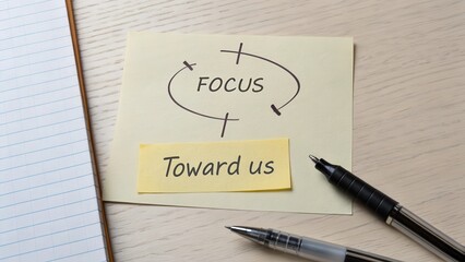 Focus Concept on Sticky Note with Pens and Notebook on Desk Surface