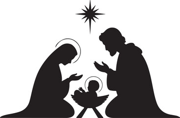 Black silhouette of the Holy Family with a star above nativity scene mary