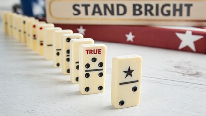 Dominoes with true and star symbols standing bright on a wooden table