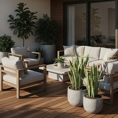 Stylish Outdoor Patio with Modern Furniture and Potted Green Plants