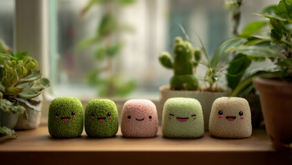 Adorable fluffy cartoon characters with cute faces arranged in a row on a wooden surface with plants