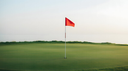 A golf course green with a red flag waving gently in the breeze under a bright and clear sky above