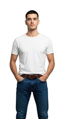 Young caucasian man in white t-shirt, dark blue jeans, hands in pockets, centered on light grey studio background with ample negative space concept for apparel product mockup