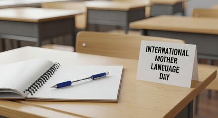 Photorealistic classroom desk with notebook, pen, and card reading “International Mother Language Day.” Educational look
