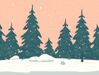 Snowy Winter Forest Landscape Illustration Soft Pink Sky