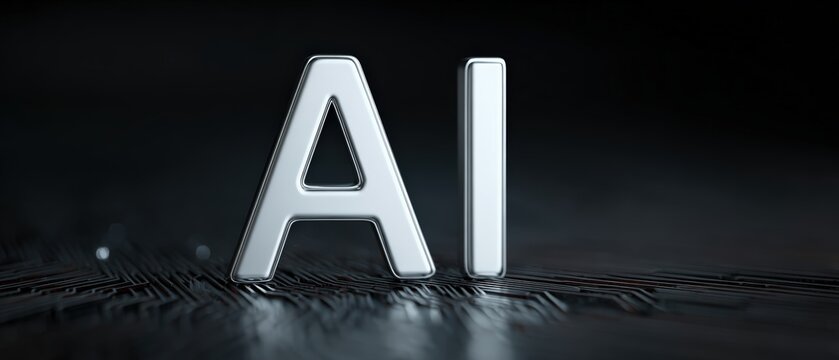 Futuristic metallic letters representing artificial intelligence on a dark reflective surface with circuitry background