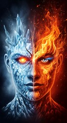 Striking Digital Art of Face Split Between Ice and Fire, Contrast and Emotion