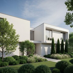 Modern White Minimalist House with Lush Green Lawn and Landscaping
